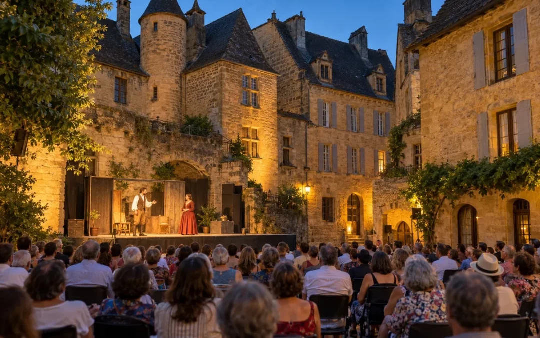 Spectacle de théâtre en plein air dans une cour médiévale de Sarlat, le soir